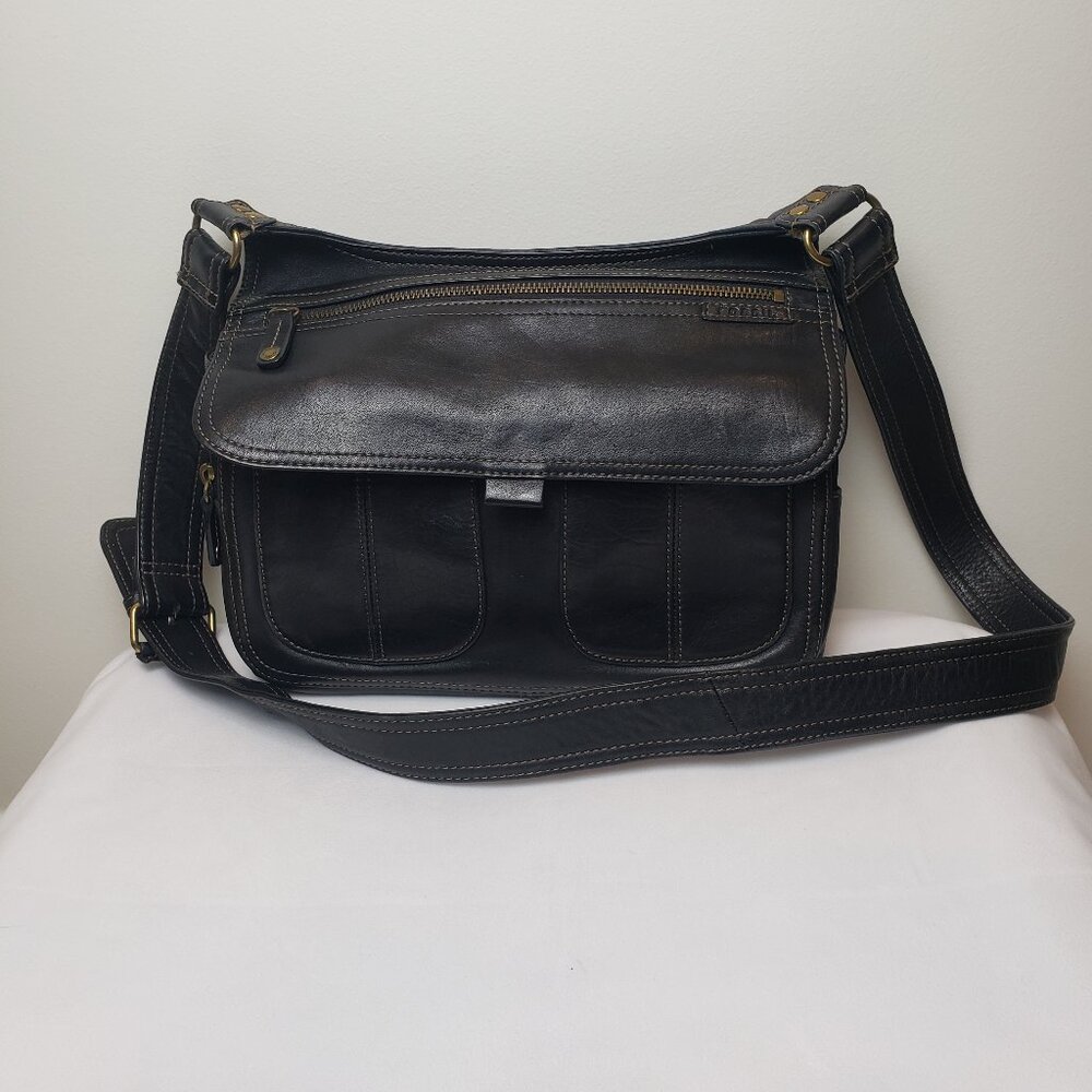 Fossil Black Genuine Leather Side Saddle Crossbody Handbag 11x8x4